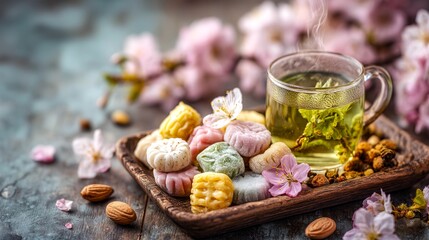 A tray of assorted pastries and a cup of tea sit on a wooden table. The pastries are colorful and arranged in a visually appealing manner, while the tea is steaming and inviting