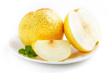 Fresh Dangshan Asian Pears with Slices on White Plate - Crisp White Pear Fruit Display