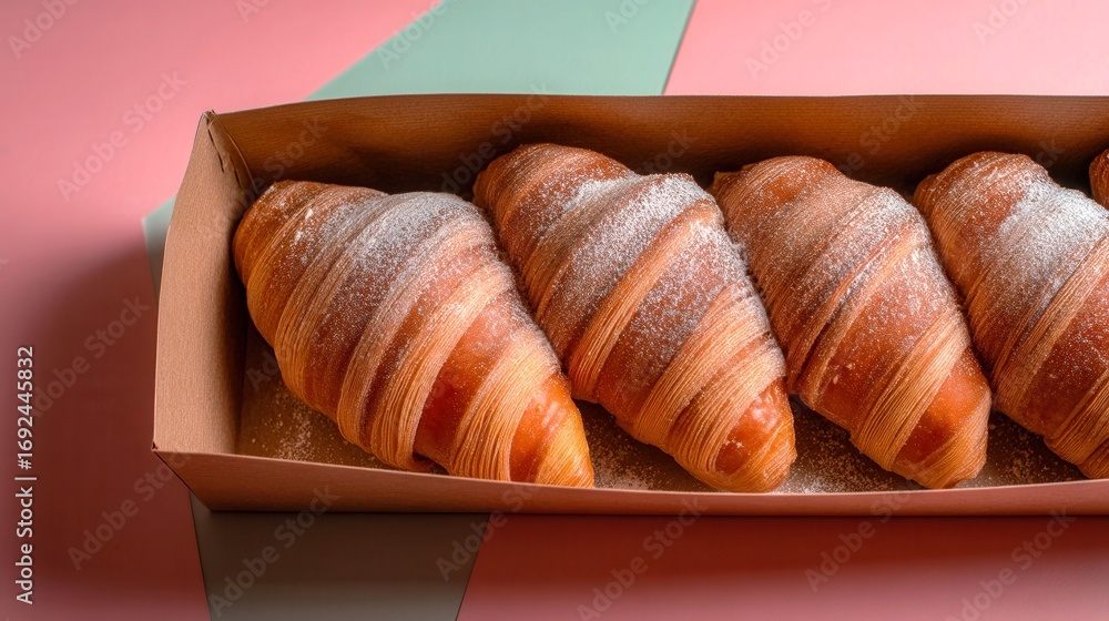 Poster a box of croissants with powdered sugar on top. the croissants are arranged in a row and are sitting