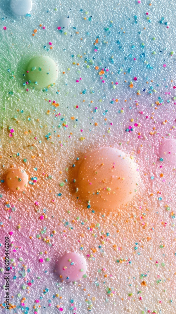 Aufkleber colorful abstract texture with spheres and confetti, creating a vibrant and playful visual effect.