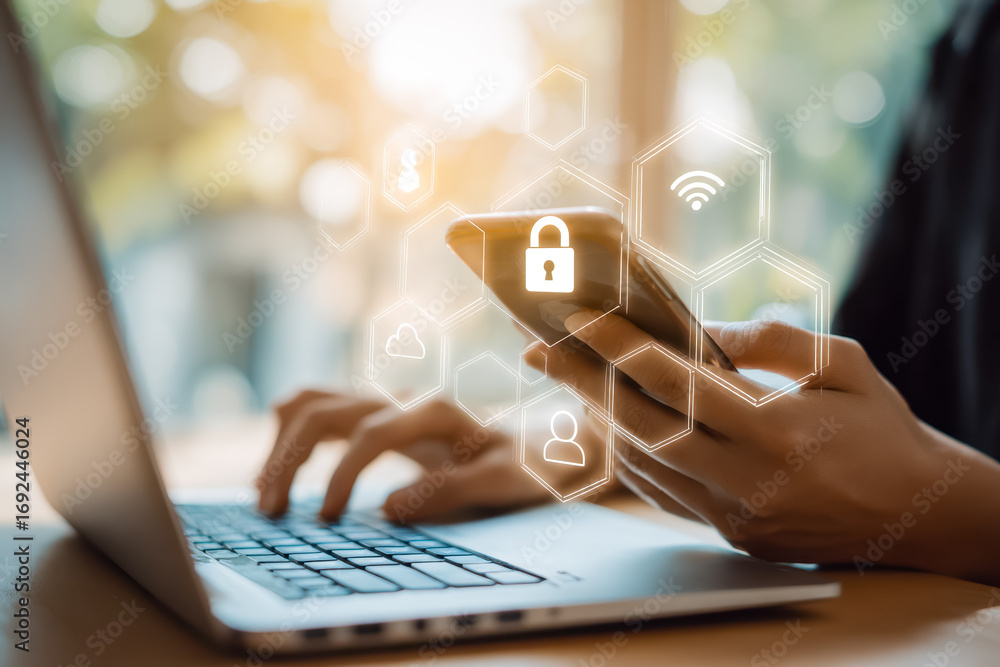 Poster digital security and data protection concepts on mobile device and laptop