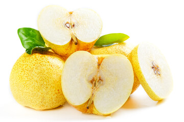 Fresh Yellow Asian Pears with Green Leaves on White Background - Whole and Sliced Dangshan Pears