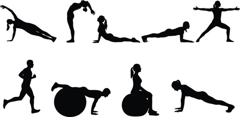 Silhouettes of Men and Women Doing Fitness, Yoga, Stretching and Balance Ball Exercises in Various Workout and Training Poses Vector Illustration