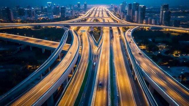 Aerial night view of illuminated multilane highway interchange with moving traffic and modern city skyline in distance