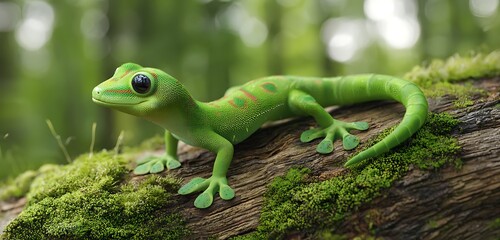 Gecko emoji icon crawling on mossy log with vivid green skin detail