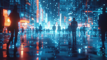 Futuristic city skyline at night with blurred figures walking towards bright upward arrows, symbolizing urban progress and technological advancement.