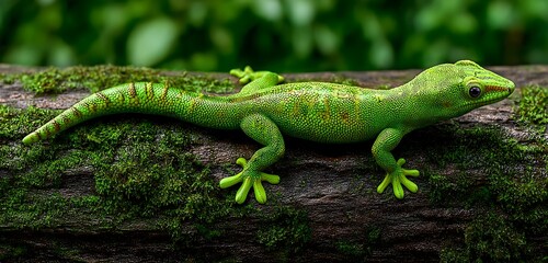 Gecko emoji icon crawling on mossy log with vivid green skin detail