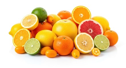 Vibrant Citrus Medley: Freshly Sliced & Whole Oranges, Lemons, Limes, Grapefruit, Kumquats on White