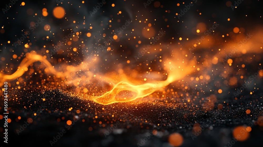 Poster a mesmerizing display of swirling orange flames and sparks against a dark background, creating a dyn