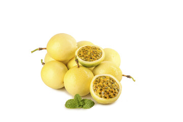 Fresh Golden Passion Fruit from Hainan Cut Open Showing Seeds on White Background