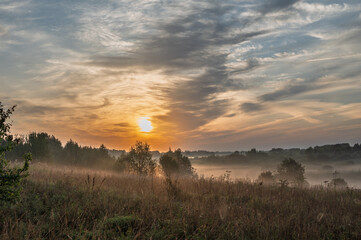 Fototapeta premium Hilly plain covered in fog, illuminated by the dawn sun.