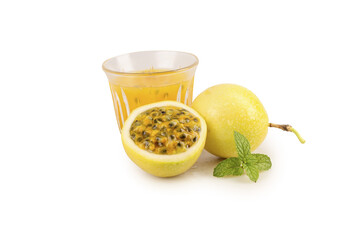 Fresh Hainan Passion Fruit with Golden Juice and Mint on White Background