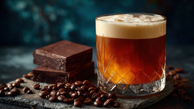 A sophisticated rum espresso cocktail, a high end mixology creation with delicious chocolate brownies and aromatic coffee beans in a stylish presentation.