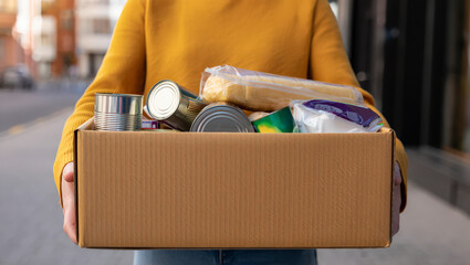 Volunteer holding box with groceries donation charity community help