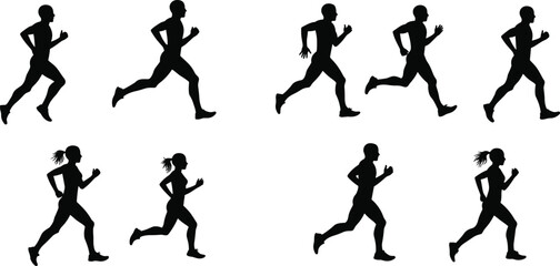 Silhouettes of men and women running in different poses, illustrating fitness, jogging, exercise, sport, healthy lifestyle, and movement.