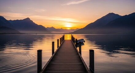 Serene Alpine Glow: Wooden Pier Leading to a Mountain Sunset