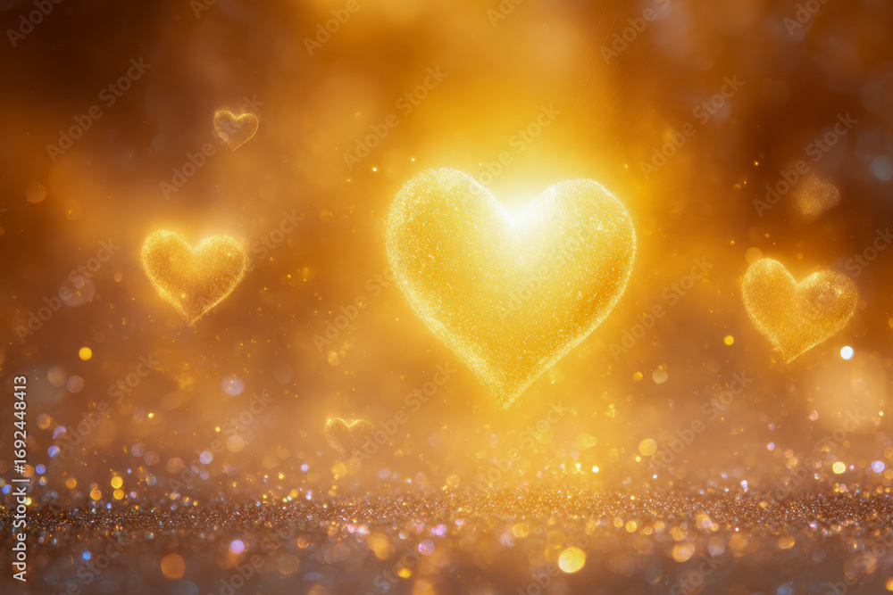 Poster glowing golden hearts floating above shimmering glitter with warm bokeh background creating a magica