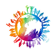 Bright colorful planet Earth with happy joyful people