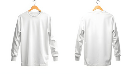 Realistic long sleeve T shirt mockup hanging front and back view isolated on white background with clipping path, vibrant. White tone