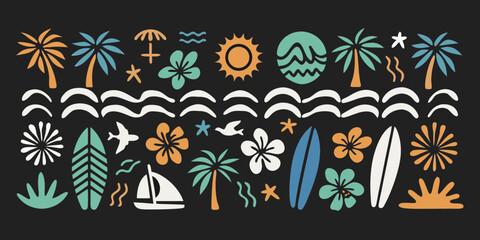 Vibrant tropical beach vacation pattern with palm trees surfboards flowers sun and ocean waves