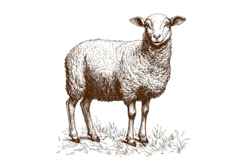 Fototapeta premium Sheep, lamb. Vintage retro print, black white sheep lamb sketch ink pencil style drawing, engrave old school. Sketch artwork silhouette farm sheep lamb. Side view profile. Illustration