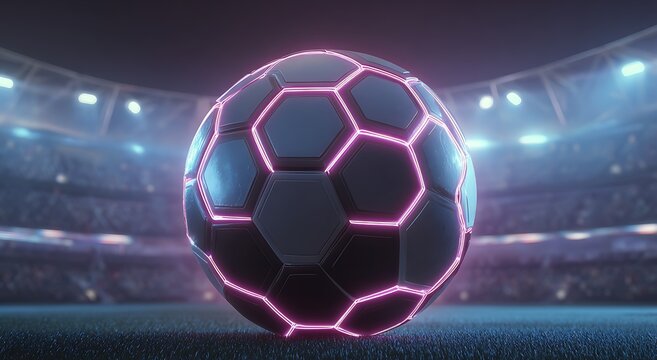 Futuristic soccer ball glowing with pink neon lights on stadium field