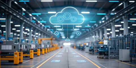 Cloud computing, artificial intelligence, and quantum algorithm technology optimize modern factory floor, enhancing automation, efficiency, and smart manufacturing in industrial environment