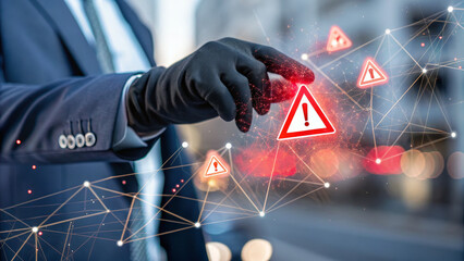 Businessman hand in black glove touching red warning icon digital network cybersecurity risk alert notification technology data protection urban background concept of caution and danger