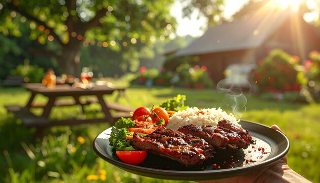 Grilled ribs and rice served outdoors