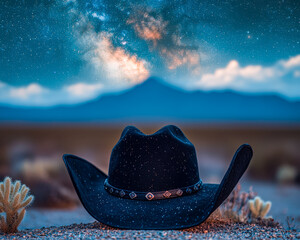 Cosmic-themed cowboy hat beneath a starry night sky with the Milky Way in the background