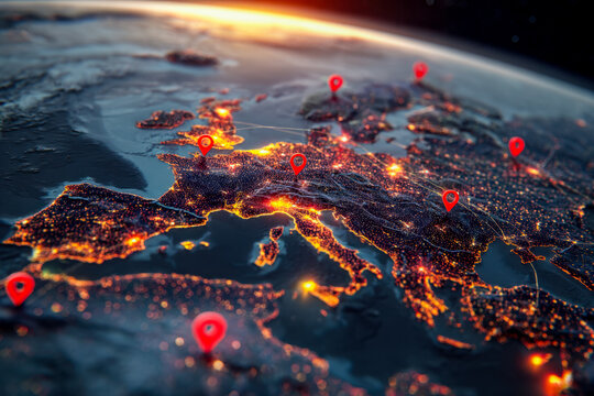 Digital map of Europe highlighting major cities with glowing lights and location markers at night