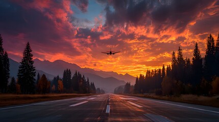Empty airport runway stretching towards mountains under a spectacular, fiery sunset. A photorealistic, wide-angle view evoking travel and adventure themes.