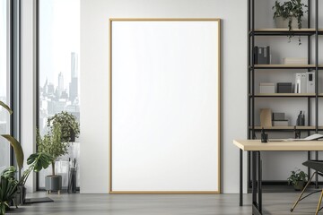 Quadro em branco com moldura de madeira em diferentes ambientes de escritório e home office modernos, decorados com plantas, luminárias e objetos de design, IA generativa
