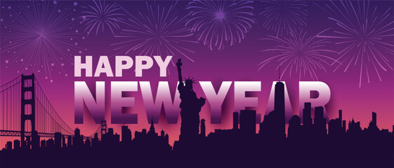 Happy New Year Celebration with City Skyline and Fireworks