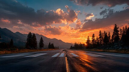 Empty airport runway stretching towards mountains under a spectacular, fiery sunset. A photorealistic, wide-angle view evoking travel and adventure themes.