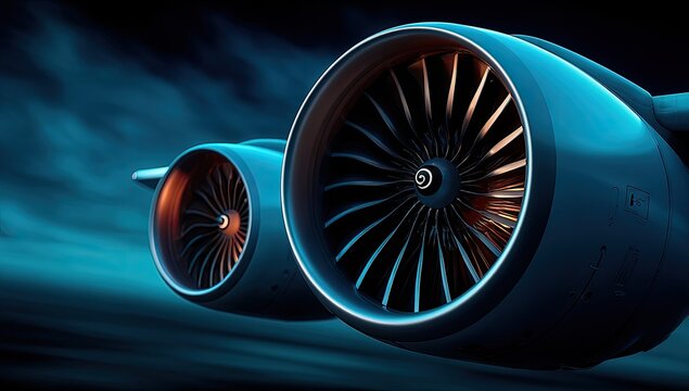 Close-up of jet engines against a dark, misty background