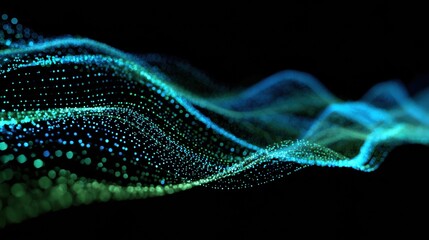 Fototapeta premium Green-to-Blue Particle Waveform with Flowing Lines on Black Background