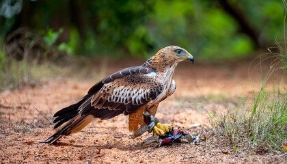 Obraz premium eagle on the ground with its lizard kill changeable hawk eagle keeps the prey under its talons at yala national park sri lanka