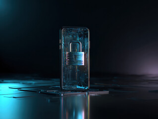 Smartphone secured by a glowing holographic lock amidst a futuristic digital backdrop
