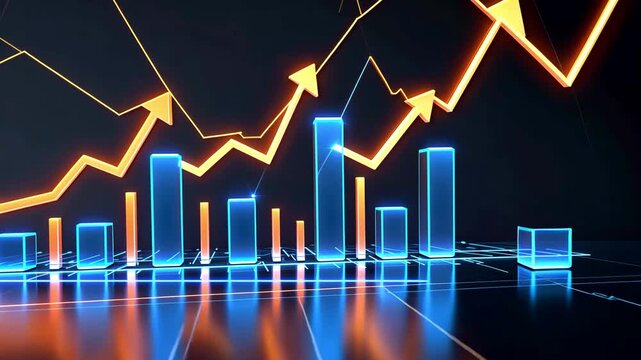 Glowing financial bar and arrow chart with neon colors showing upward growth data and futuristic economic analytics