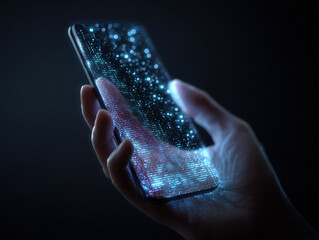 Smartphone glowing in hand made of holographic code showcasing cutting-edge technology and digital protection