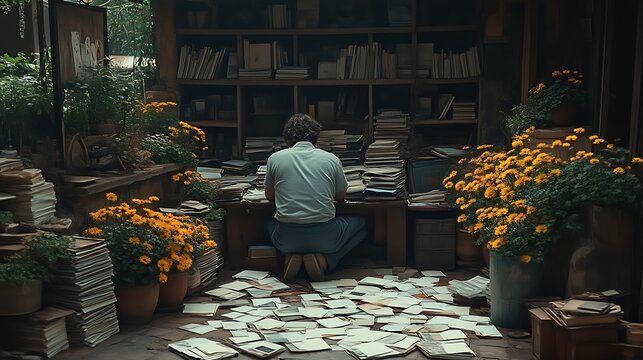 A person kneels at a cluttered desk surrounded by books, papers, and flowers in a dimly lit room - Powered by Adobe