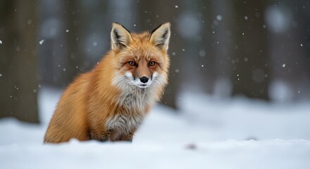 A red fox standing in the snow, its fur providing warmth and camouflage in the winter landscape