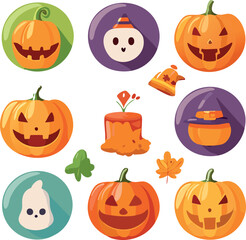 A collection of cartoon Halloween icons featuring carved pumpkins, ghosts, and festive decorations.