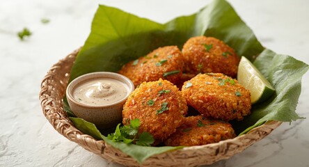 Golden Spheres with Creamy Dip and Lime, Served on Green Leaves in Woven Basket.