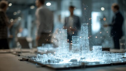 Futuristic cityscape model with glowing lights and silhouetted figures