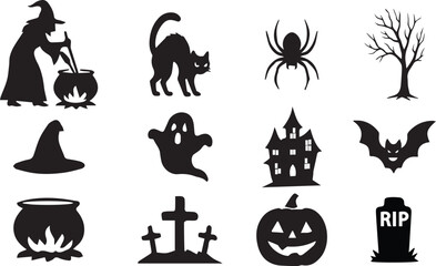 Spooky Halloween Elements Set &ndash; Creepy Pumpkins, Haunted Ghosts, Flying Bats, and Witchy Icons

