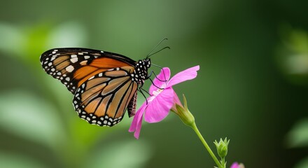Obraz premium Monarch butterfly gracefully perched on a vibrant pink flower, its delicate wings adding beauty to the natural world