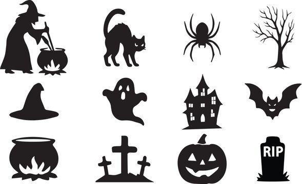 Spooky Halloween Elements Set &ndash; Creepy Pumpkins, Haunted Ghosts, Flying Bats, and Witchy Icons

