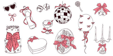 Hand drawn chalk wedding elements. Vintage coquette bow, wine, balloon, croissant, disco ball, cake drawings for wedding invitations, cafe menus and parties. La dolce vita italian sketch style.
